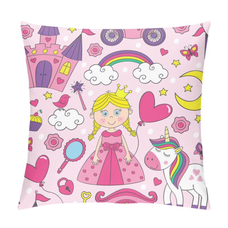 Personality  Pink Seamless Pattern With Princess And Unicorn - Vector Illustration, Eps Pillow Covers