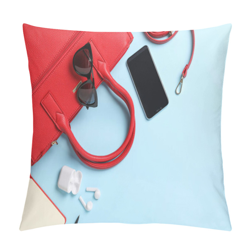 Personality  Stylish Women's Bag And Different Stuff On Light Blue Background, Flat Lay. Space For Text Pillow Covers