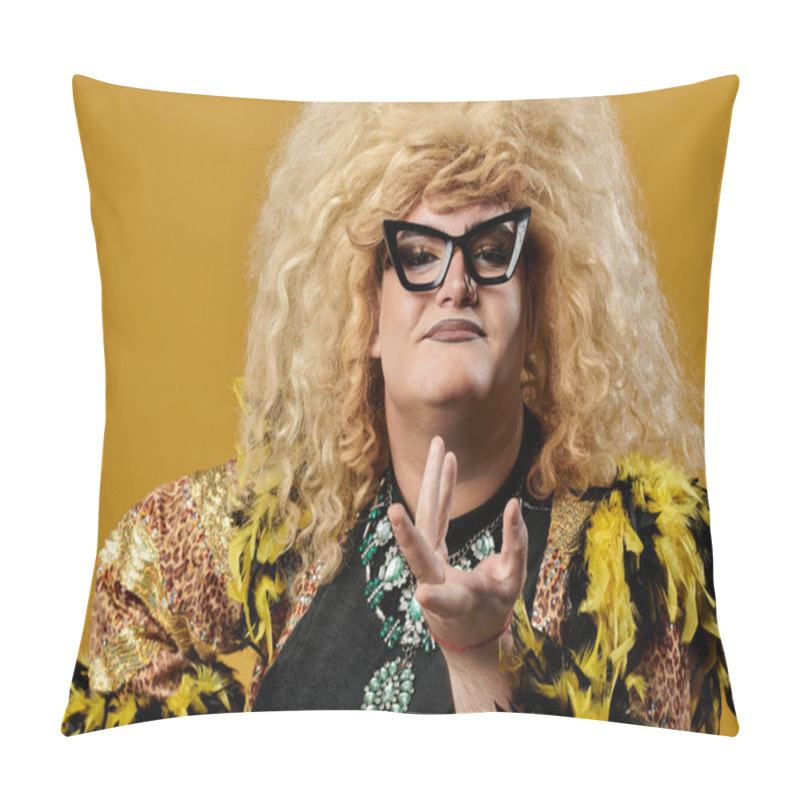 Personality  A Queer Person In A Glamorous Outfit Poses Against A Yellow Background. Pillow Covers