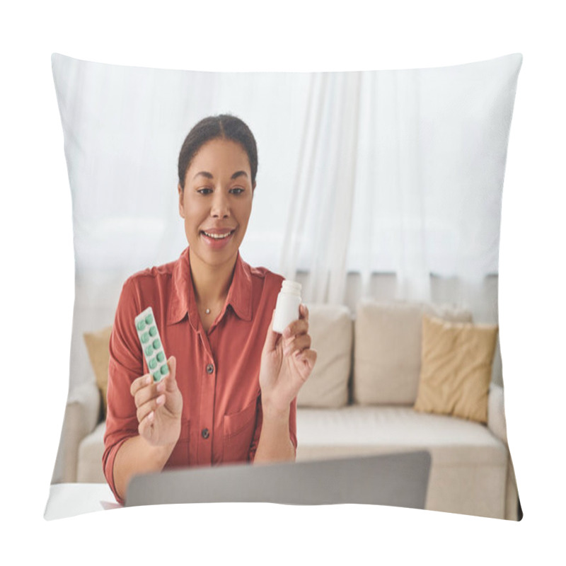 Personality  Cheerful Nutritionist Showing Different Medication During Online Consultation On Laptop From Kitchen Pillow Covers