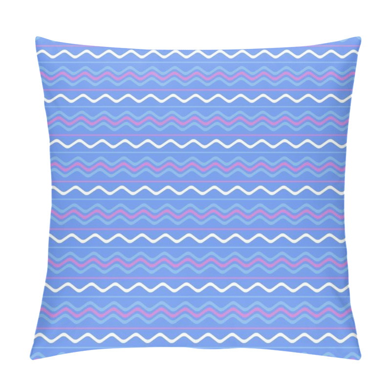 Personality  Abstract Seamless Pattern With Zigzag Ornament. Horizontal White And Purple Waves On A Blue Background. Trendy Modern Flat Design. Repeating Texture For Wallpaper Design, Cover, Textile, Wrap Paper. Pillow Covers