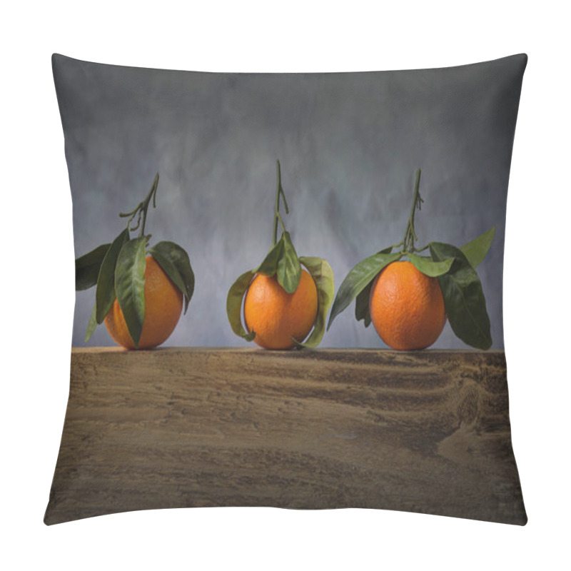 Personality  A Trio Of Leaf Bearing Satsumas On A Wooden Board Pillow Covers