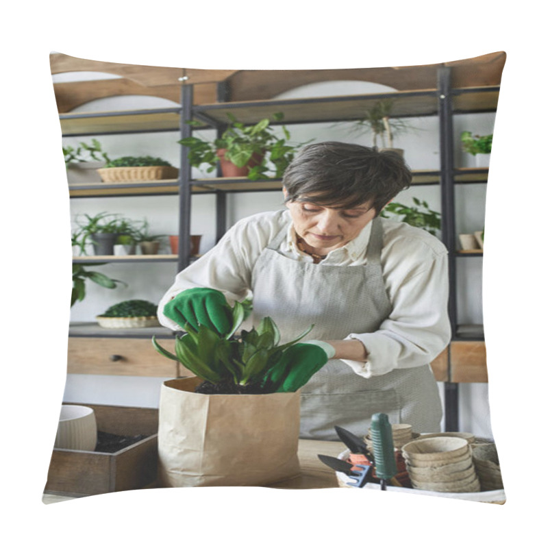 Personality  A Gardener Tends To Her Cherished Plants In A Cozy Studio. Pillow Covers