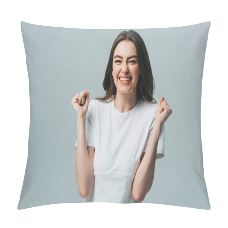 Personality  Excited Beautiful Girl In White T-shirt Showing Yes Gesture Isolated On Grey Pillow Covers