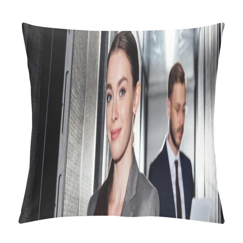 Personality  Panoramic Shot Of Cheerful Businesswoman Near Businessman In Data Canter  Pillow Covers