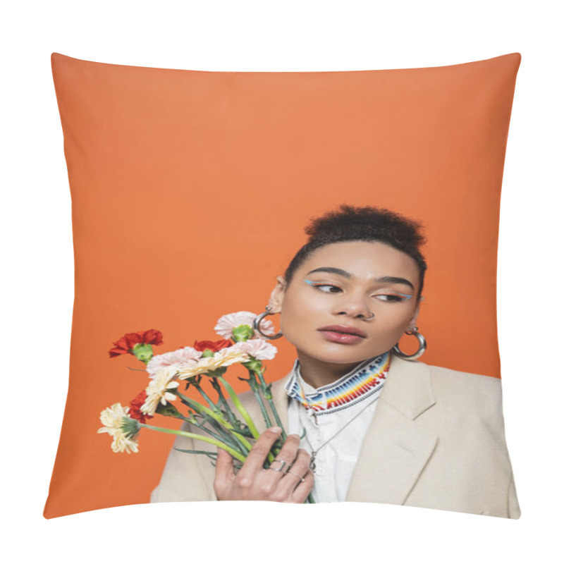 Personality  Stylish Attractive Fashion Model With Bright Makeup And Hoop Earrings Posing With Flower Bouquet Pillow Covers