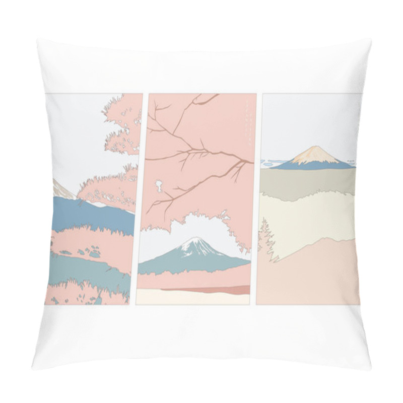 Personality  Fuji Mountain Background Vector. Famous Japan Landmark Wallpaper. Natural Landscape Postcard Design. Mountain Forest Template.  Pillow Covers