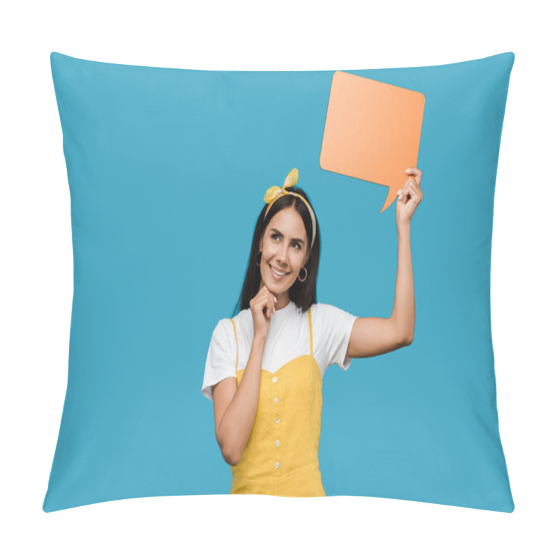 Personality  Happy Girl Holding Orange Speech Bubble Isolated On Blue  Pillow Covers