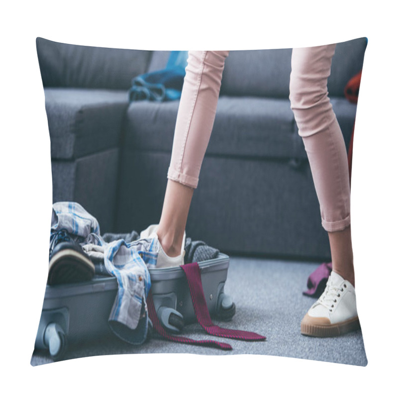 Personality  Cropped View Of Woman Pushing Clothes In Suitcase With Leg After Breaking Up With Boyfriend Pillow Covers