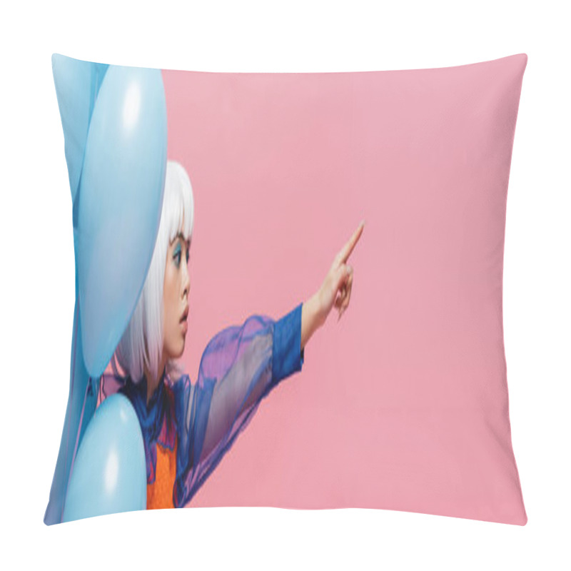 Personality  Stylish Asian Pop Art Model Pointing With Finger Near Balloons Isolated On Pink, Banner  Pillow Covers