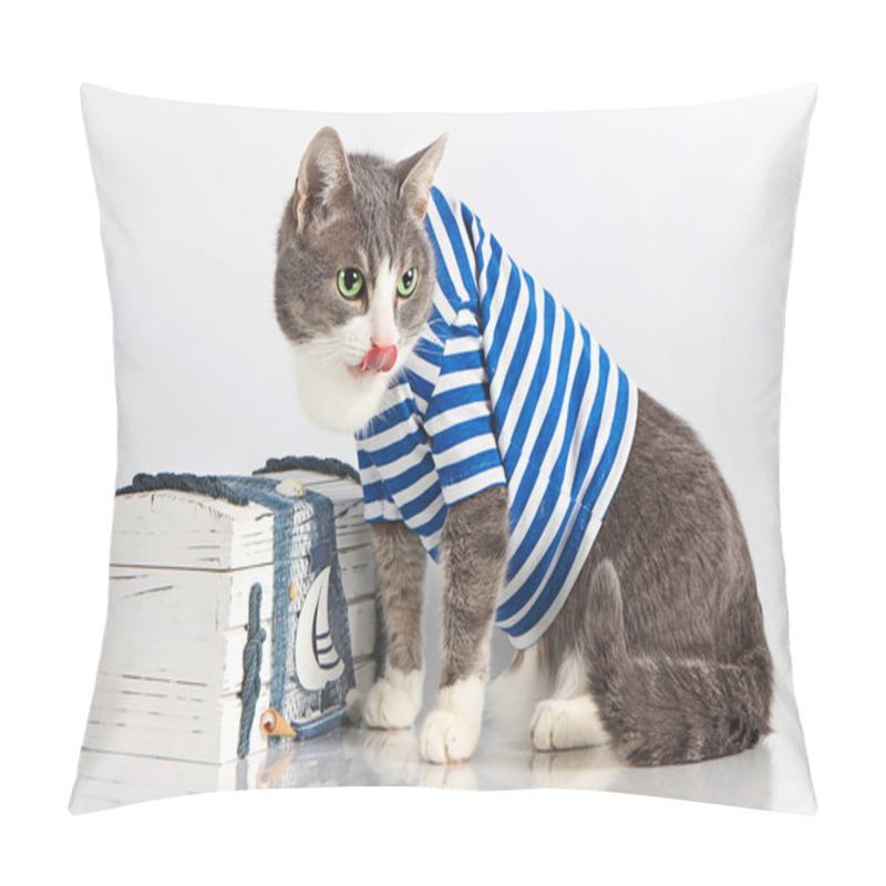 Personality  Grey Cat In Seaman Suit On Background With Chest Pillow Covers