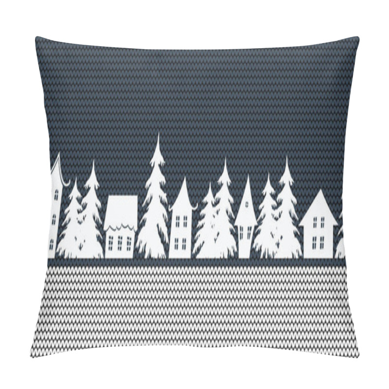 Personality  Christmas Background. Winter Landscape. Seamless Border. White Silhouettes Of Houses And Fir Trees On Dark Blue Knitted Background. Vector Illustration Pillow Covers