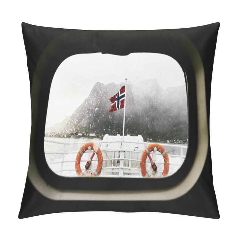 Personality  View Through The Bullseye Window Of A Boat On To The Norwegian Flag And Lifebelts On A Ferry During A Storm On Lofoten Islands In Norway With Mountains In The Background. Pillow Covers