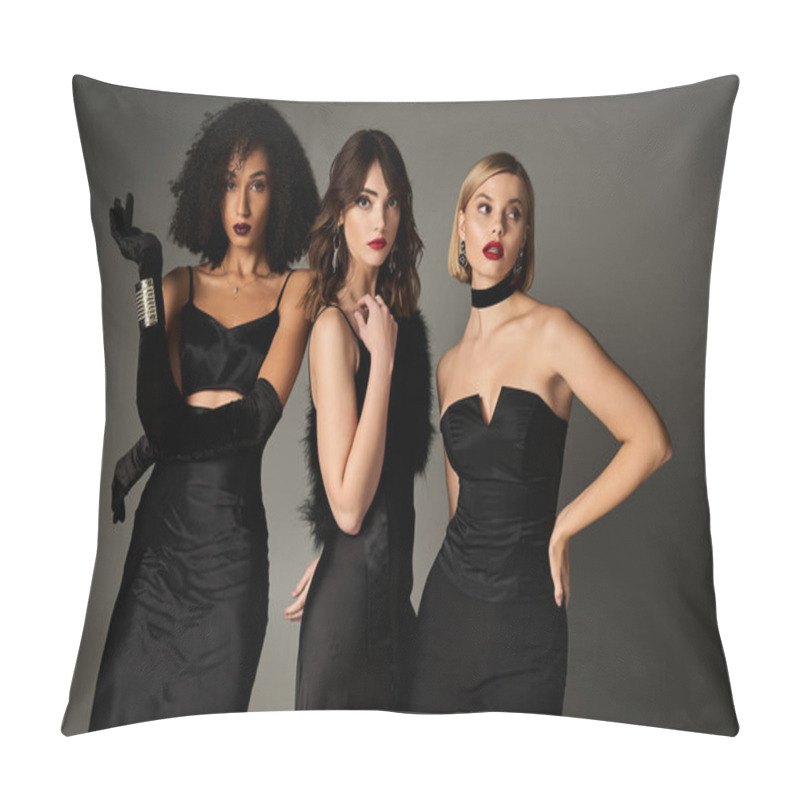 Personality  Three Young, Beautiful Women Of Different Races Pose In Stylish Black Dresses Against A Grey Backdrop. Pillow Covers