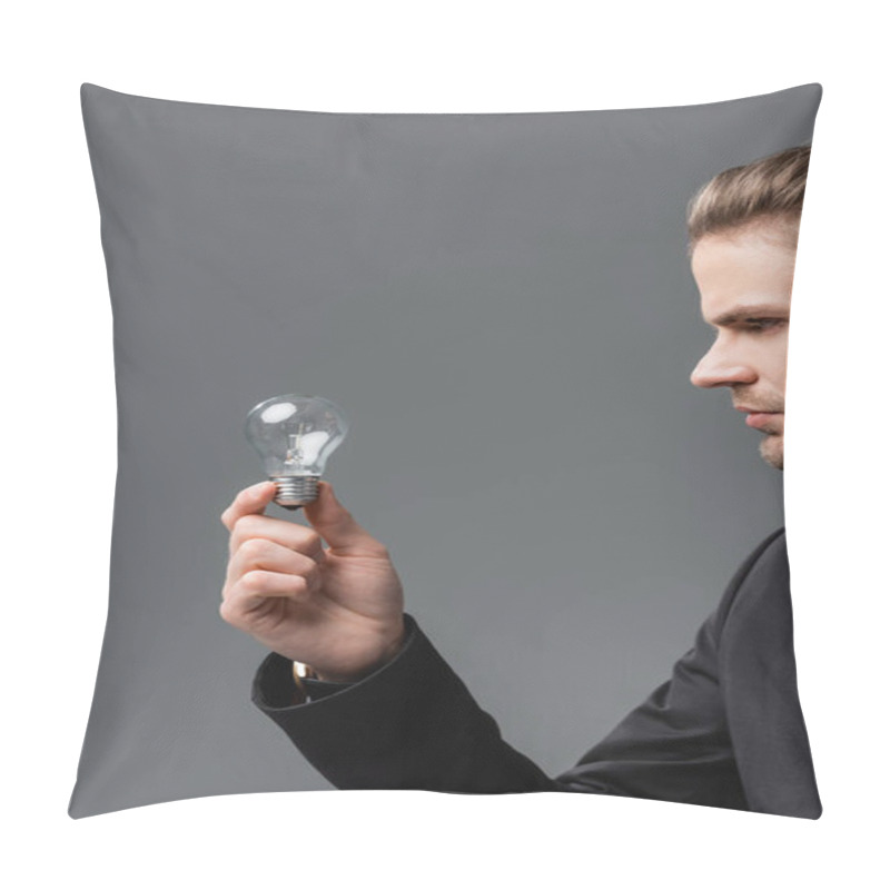 Personality  Young Businessman Holding Light Bulb Isolated On Grey Pillow Covers