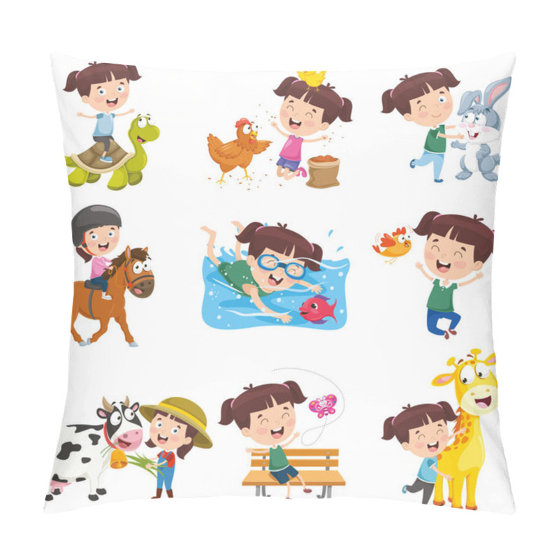 Personality  Vector Illustration Of Cartoon Girl Doing Various Activities Pillow Covers