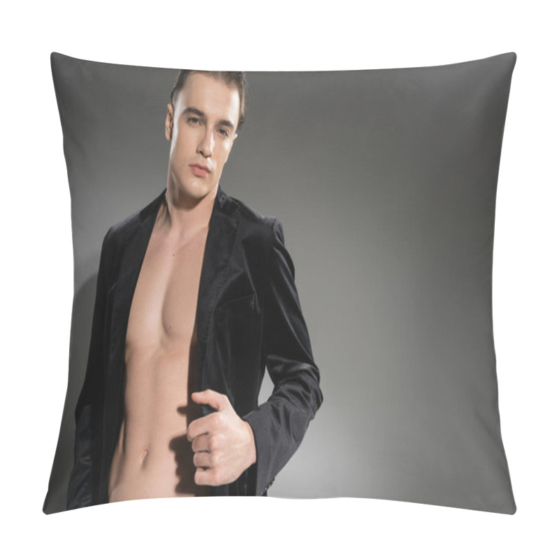 Personality  Young, Confident And Good Looking Man With Brunette Hair, Wearing Black And Silk Blazer On Shirtless Muscular Body While Looking At Camera On Grey Background Pillow Covers