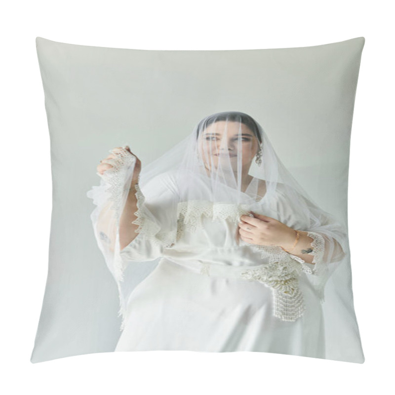 Personality  A Radiant Young Woman Showcases Her Beautiful Wedding Gown Adorned With Delicate Lace And Sparkling Earrings. Pillow Covers