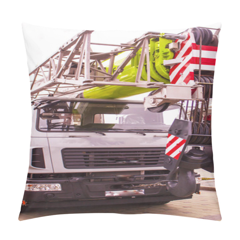 Personality  Atomobile Crane With Lifting Telescopic Boom Outdoors Over Blue Sky Pillow Covers