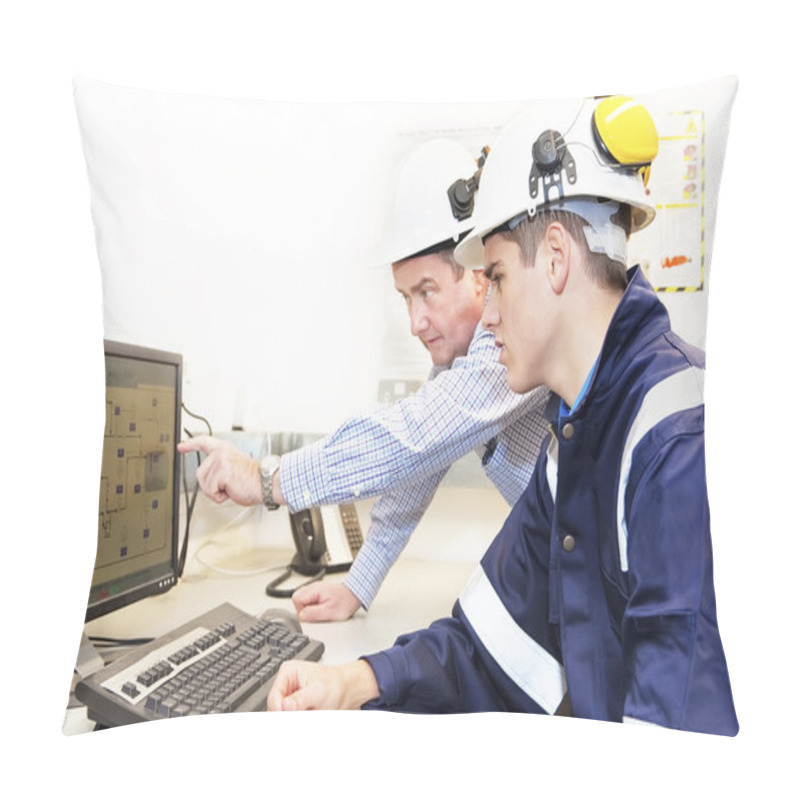 Personality  Senior And Junior Engineers Discussing Work Together In Office Pillow Covers