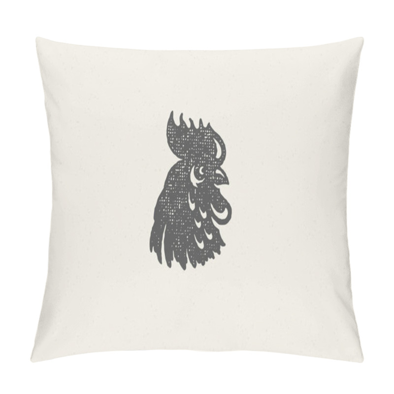 Personality  Black Rooster Head Silhouette For Poultry Farm Industry Hand Drawn Stamp Effect Vector Illustration. Pillow Covers