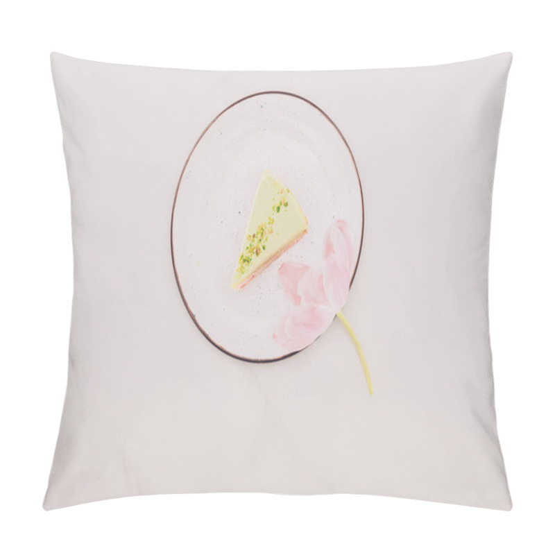 Personality  Top View Of Piece Of Cake On Plate And Flower On White Surface Pillow Covers