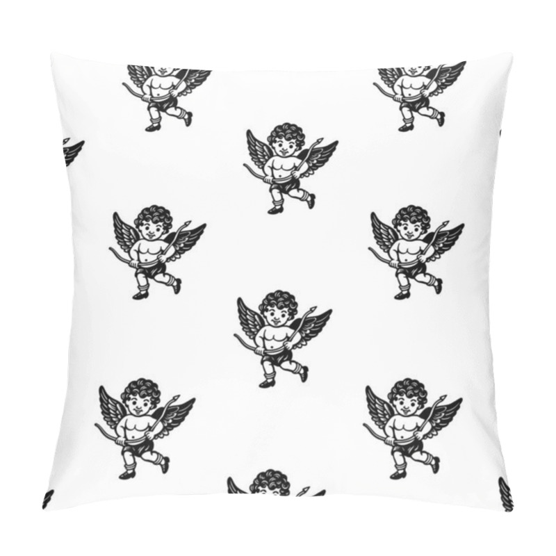 Personality  Seamless Pattern Of Cherubs With Bows And Wings. Black And White Vintage Line Art For Valentine's Day Design And Wallpaper Pillow Covers