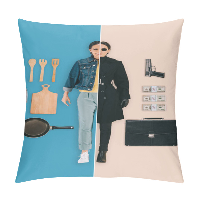 Personality  Young Woman In Two Occupations Of Housewife And Killer On Different Backgrounds  Pillow Covers