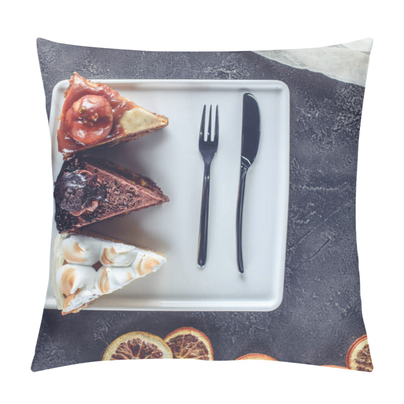 Personality  Top View Of Three Pieces Of Different Cakes On Plate Pillow Covers