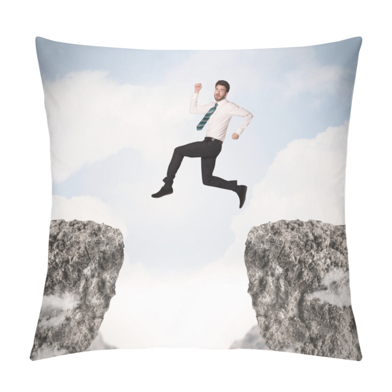 Personality  Funny Business Man Jumping Over Rocks With Gap Pillow Covers