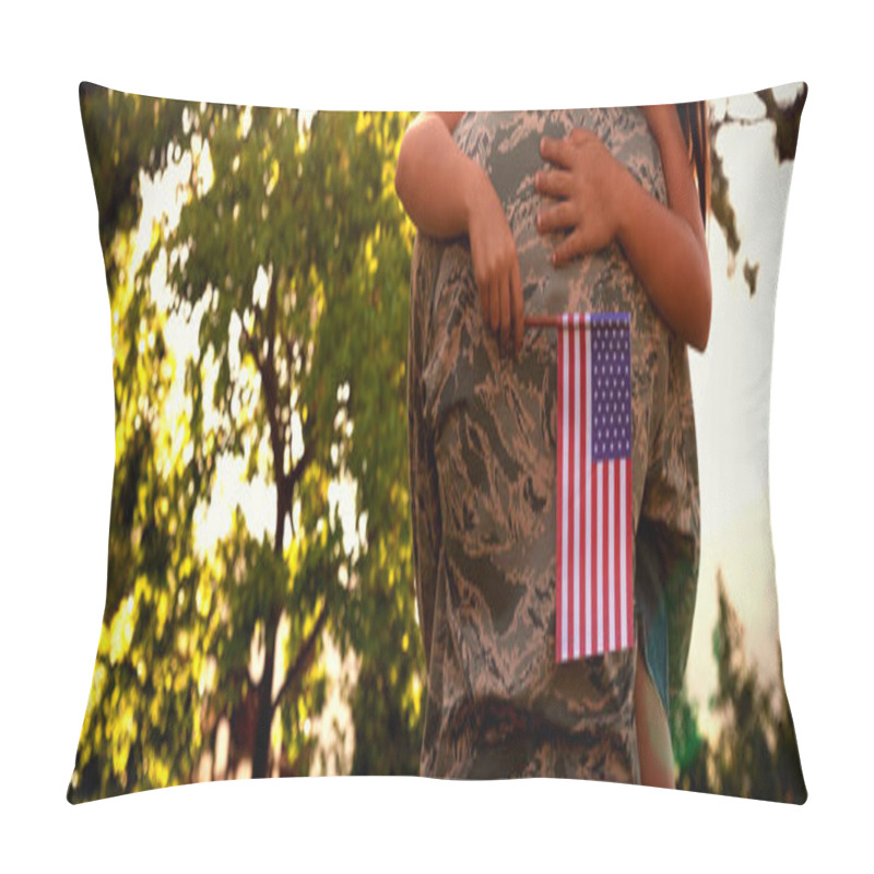 Personality  Rear View Of A Young Adult Male Soldier In The Garden Outside His Home, Carrying His Daughter, Who Is Leaning Over His Shoulder Holding A US Flag And Smiling With Eyes Closed Pillow Covers