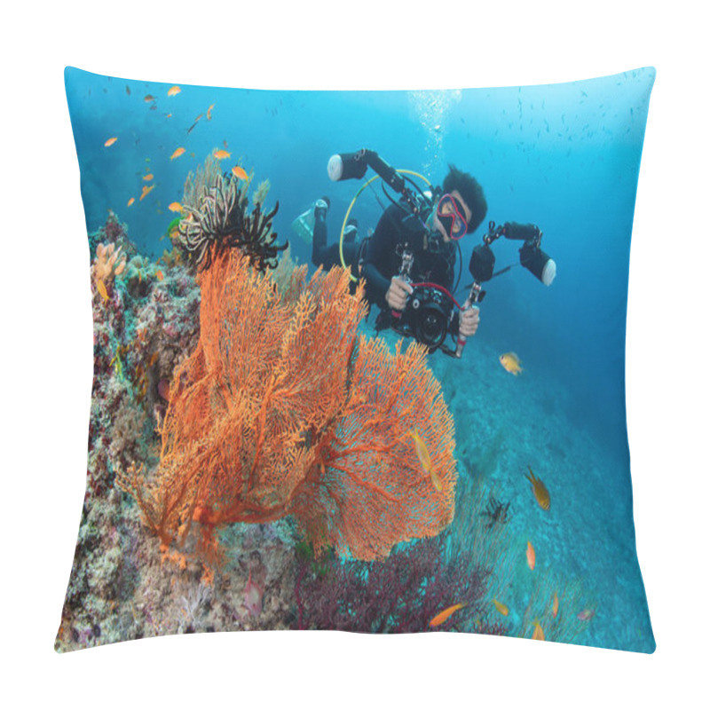 Personality  Male Scuba Diver Holding An Underwater Camera Posing With Gorgonian Sea Fan Coral At Similan National Park, Thailand. Beautiful Coral Reef And Stunning Underwater Landscape Of Andaman Sea Pillow Covers