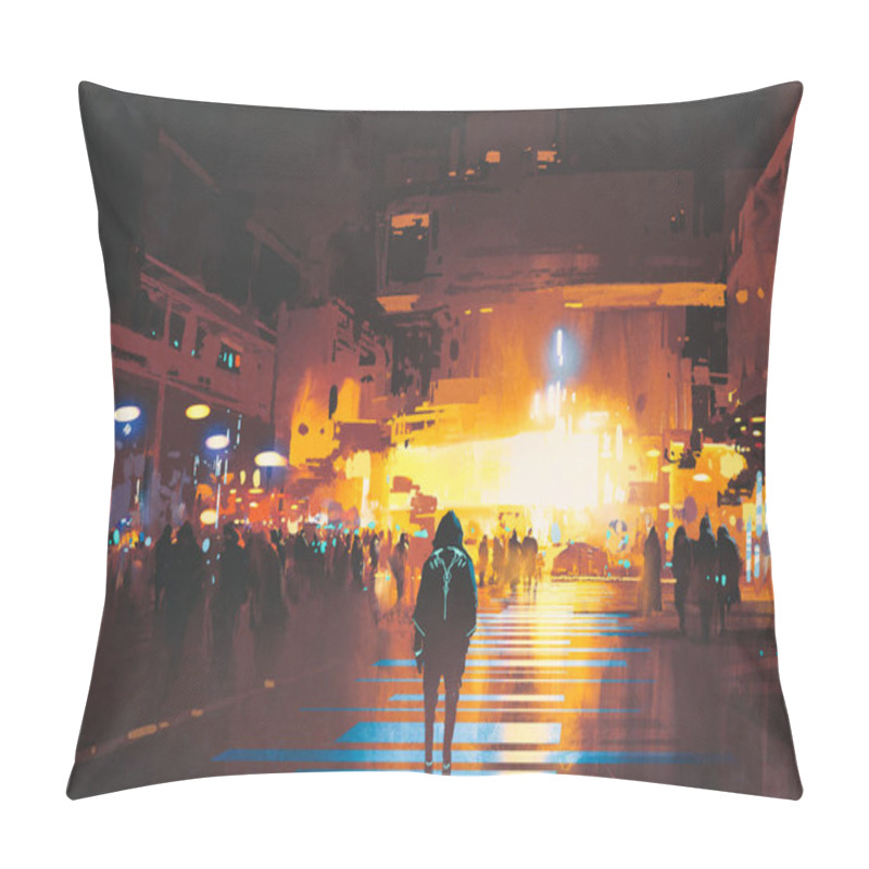 Personality  Man Standing On Street Looking At Futuristic City At Night Pillow Covers