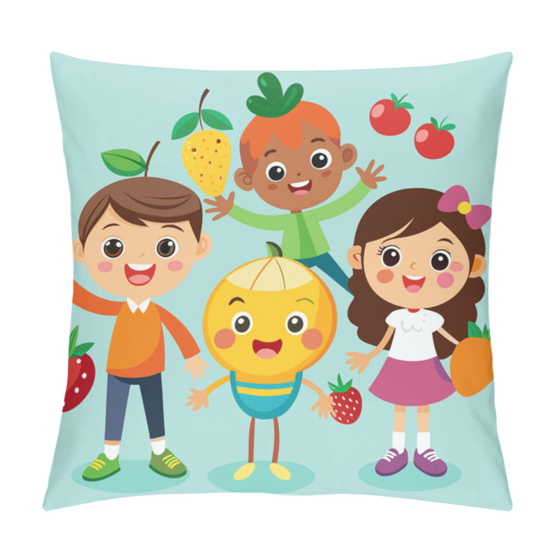 Personality  Happy Children Vector Art Collection With Fresh Fruits Pillow Covers