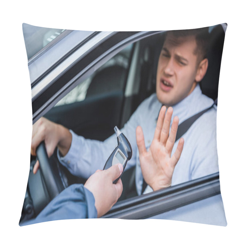 Personality  Policeman Giving Breathalyzer To Drunk Driver Showing Refuse Gesture, Blurred Background Pillow Covers