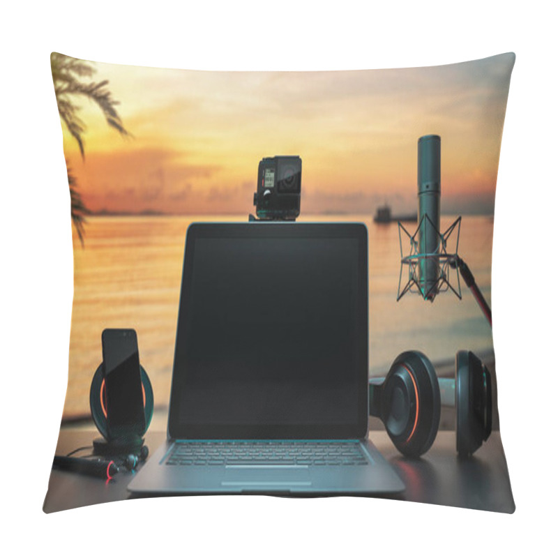 Personality  Live Video Streaming Equipment, Sea,headphones Recording Scene Project Ideas Concept, With Laptop Computer, Mobile Phones.3d Render And Illustration Pillow Covers