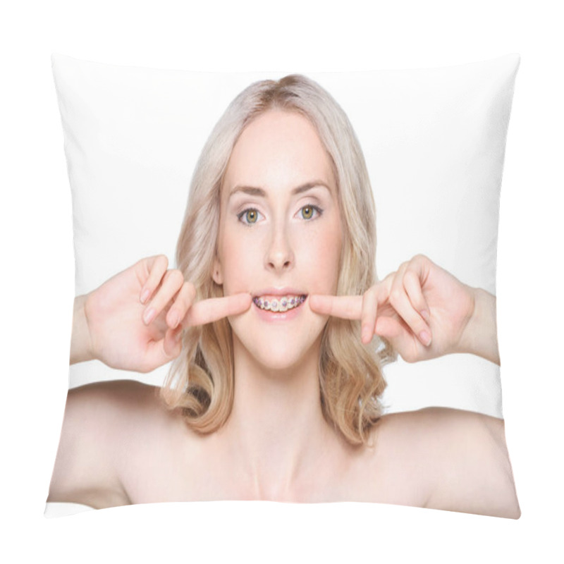 Personality  Woman Pointing To Teeth With Braces Pillow Covers