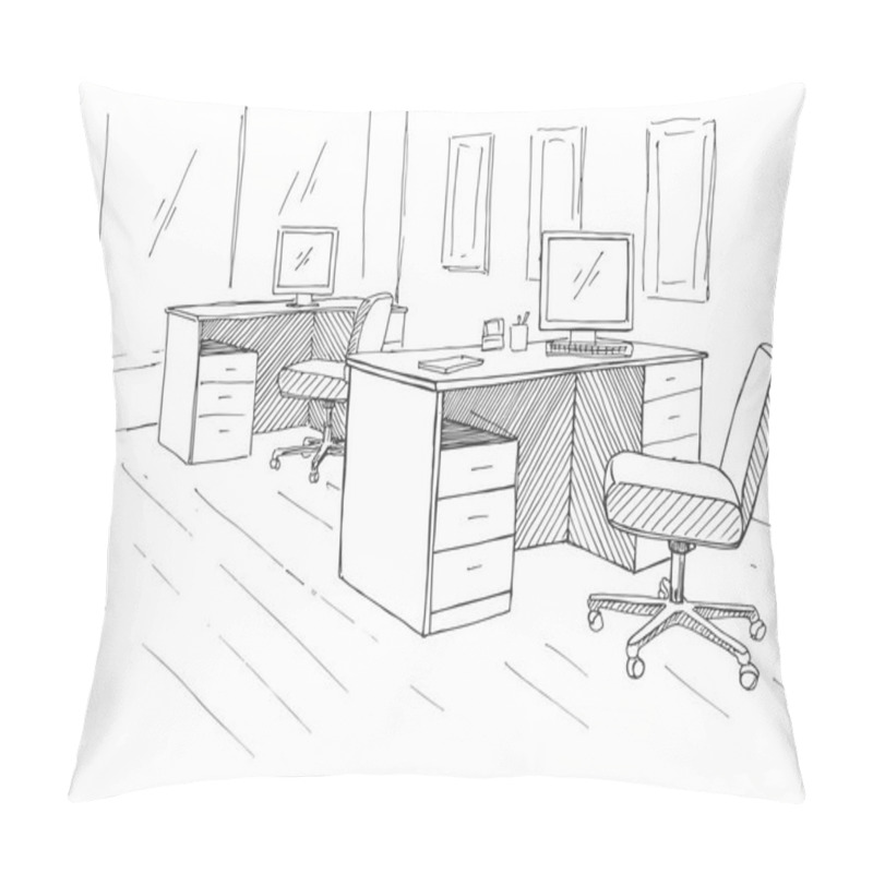 Personality  Open Space Office. Workplaces Outdoors. Tables, Chairs And Windows. Vector Illustration In A Sketch Style. Pillow Covers