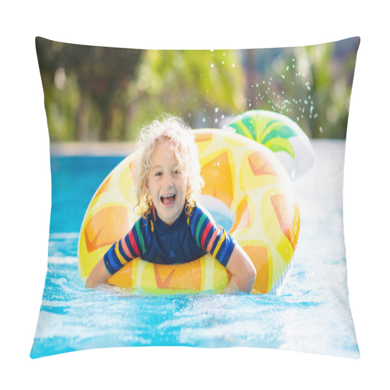 Personality  Child With Inflatable Toy Ring Float In Swimming Pool. Little Boy Learning To Swim And Dive In Outdoor Pool Of Tropical Resort. Swimming With Kids. Healthy Sport Activity For Children. Water Fun. Pillow Covers