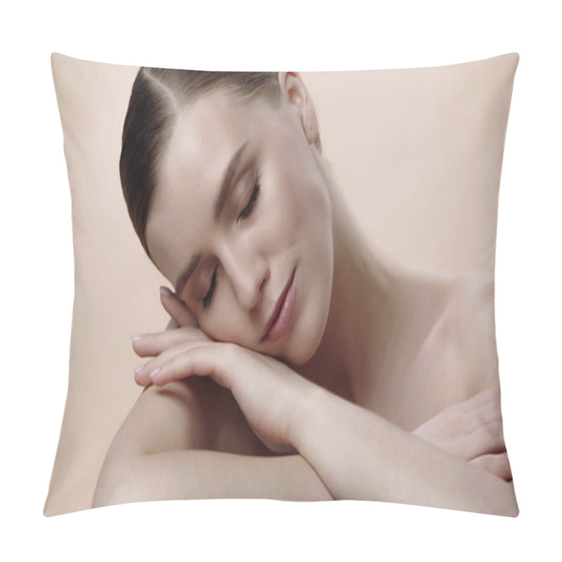 Personality  Sleepy Young Woman With Closed Eyes Isolated On Beige  Pillow Covers