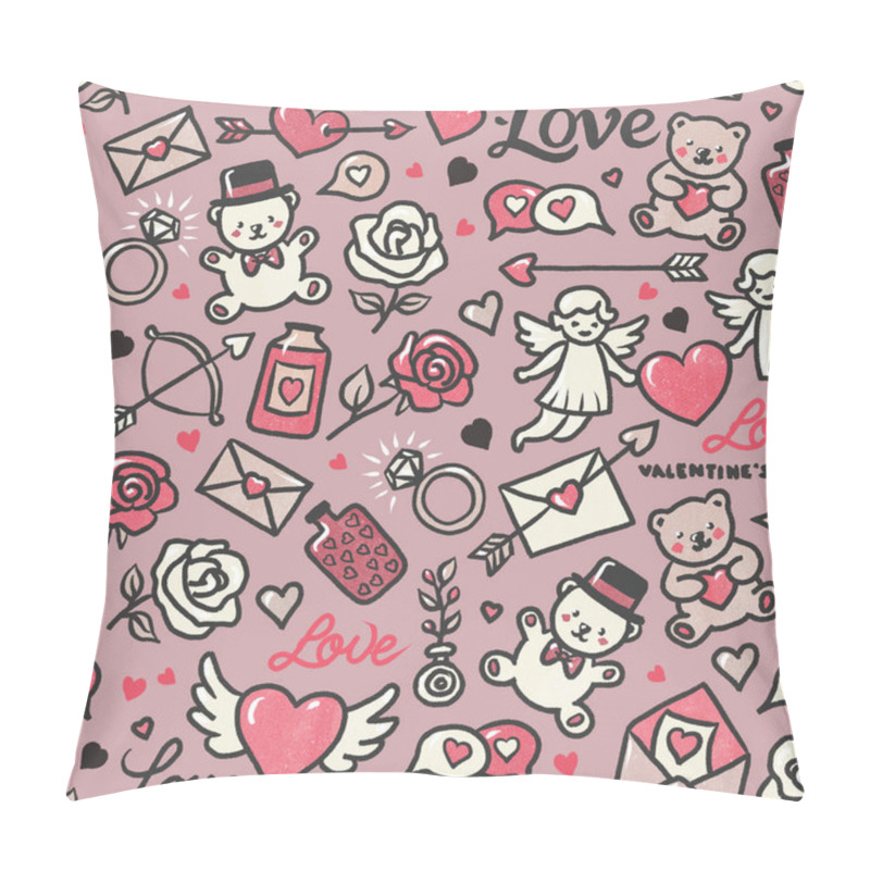 Personality  Seamless Pattern From A Set Of Pencil Drawings On The Valentine's Theme In Pink And Gray Tones, Including Hearts, Wings, Angels, Teddy Bears, Messages, Letters, Roses, Rings, Lettering, Jars, Bottles Pillow Covers