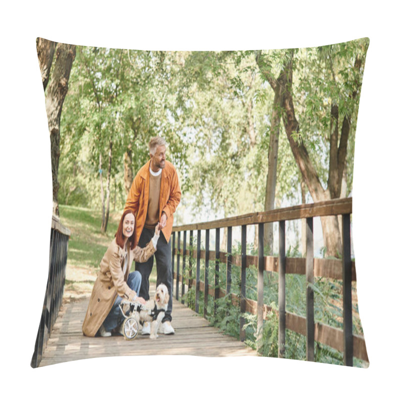 Personality  A Man And Woman Walk Their Two Dogs Across A Scenic Bridge In The Park. Pillow Covers