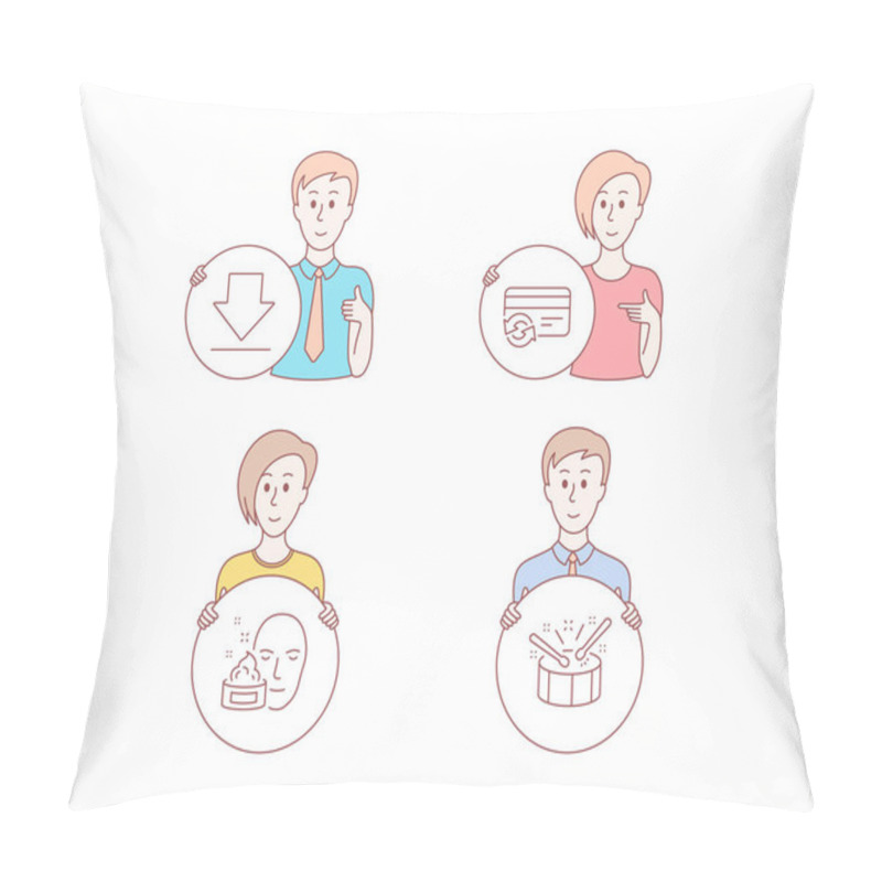 Personality  People Hand Drawn Style. Set Of Downloading, Face Cream And Change Card Icons. Drums Sign. Load Information, Gel, Payment Method. Drumsticks. Character Hold Circle Button. Man With Like Hand. People Vector Pillow Covers