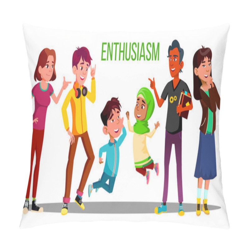 Personality  Enthusiastic Multiethnic Students, Adults, Children Vector Characters Pillow Covers