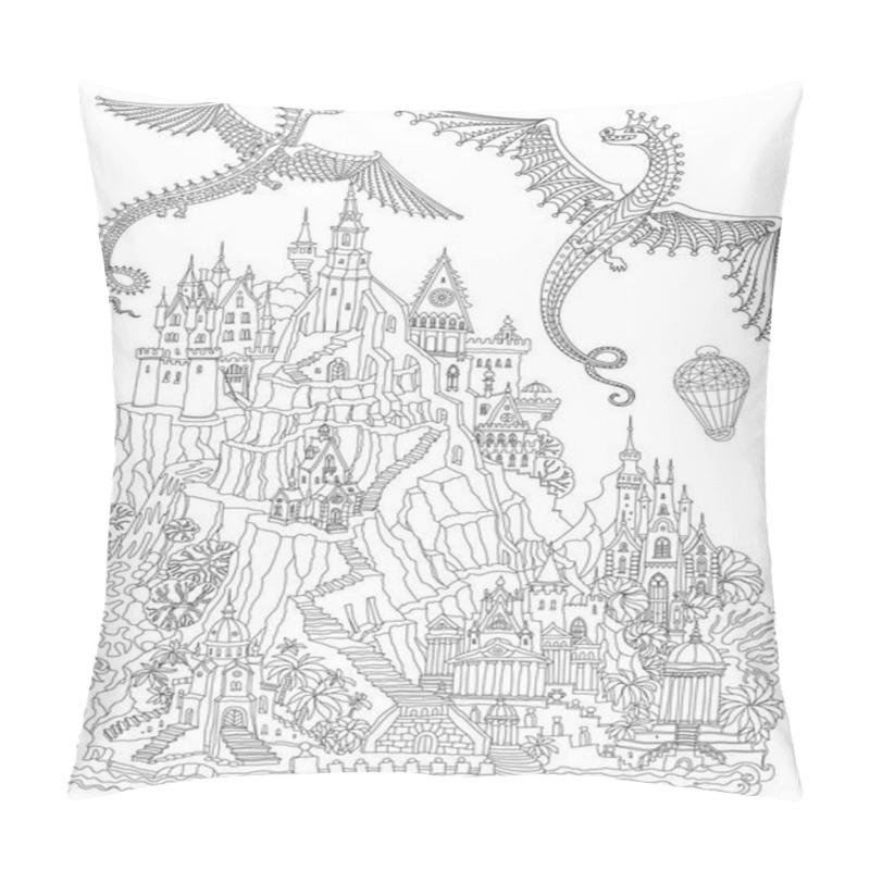 Personality  Black And White Fantasy Landscape. Fairy Tale Castle On A Mountain, Palm Trees, River Waterfall. Flying Dragons And Air Baloon. Coloring Book Page For Adults  Pillow Covers