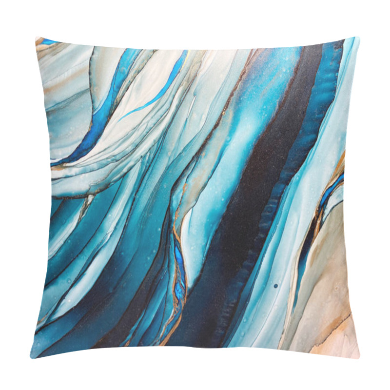 Personality  Abstract Blue-green Background With Gold, Beautiful Smudges And Stains Made With Alcohol Ink And Metallic Pigment. Fragment Of Art With Turquoise Texture Resembles Sea, Watercolor Or Aquarelle. Pillow Covers