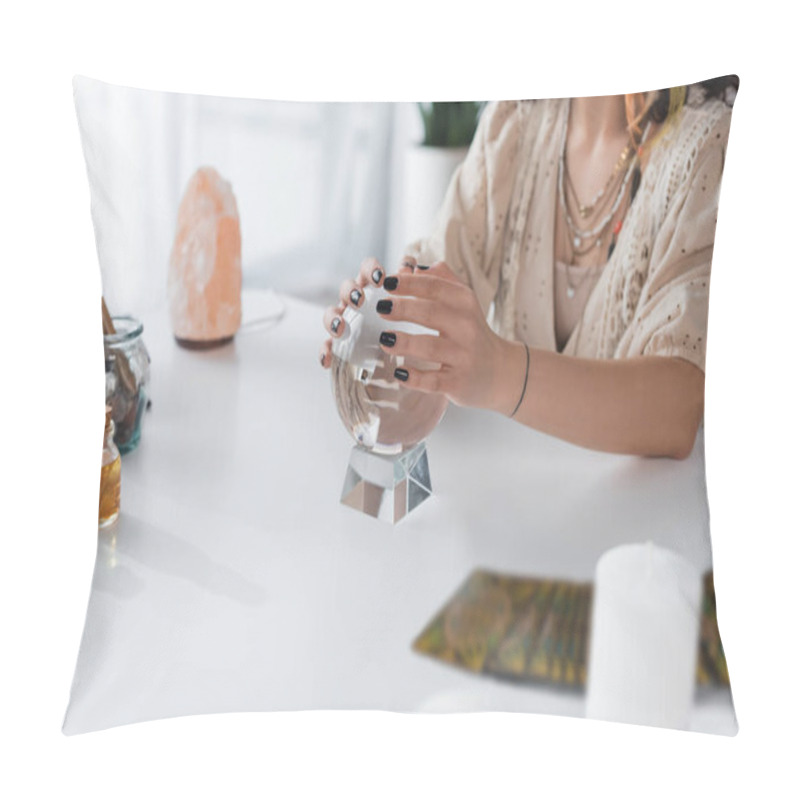 Personality  Cropped View Of Fortune Teller Touching Orb Near Blurred Tarot Cards And Witchcraft Supplies On Table  Pillow Covers