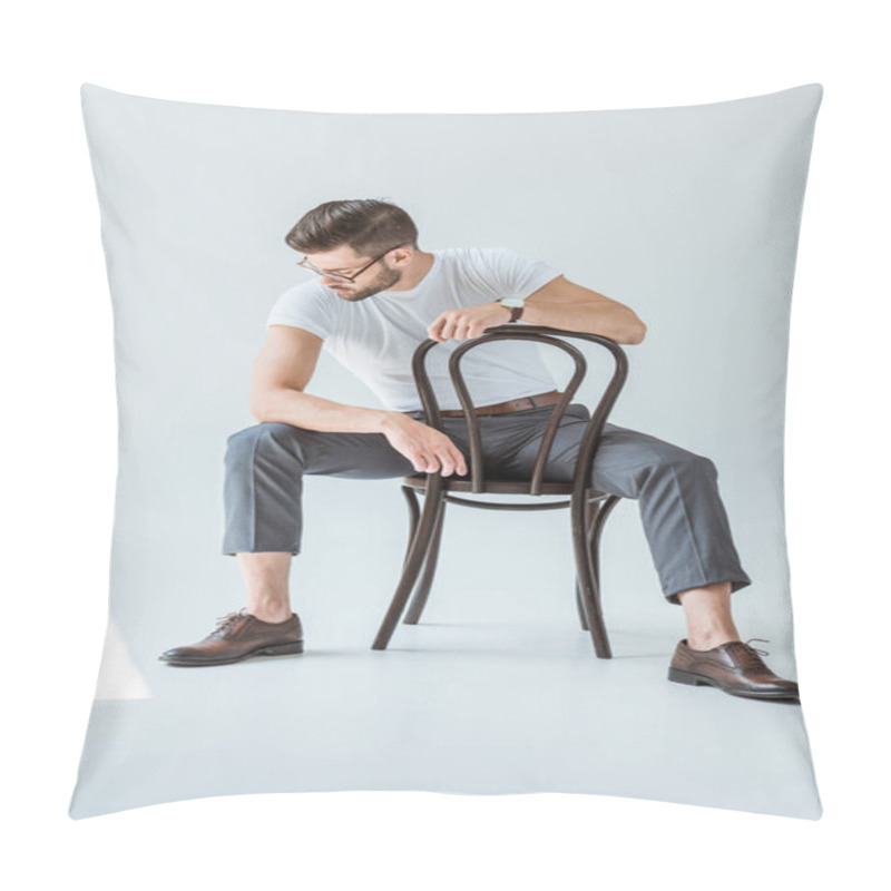 Personality  Fashionable Confident Man In Glasses Sitting On Chair On White Background Pillow Covers