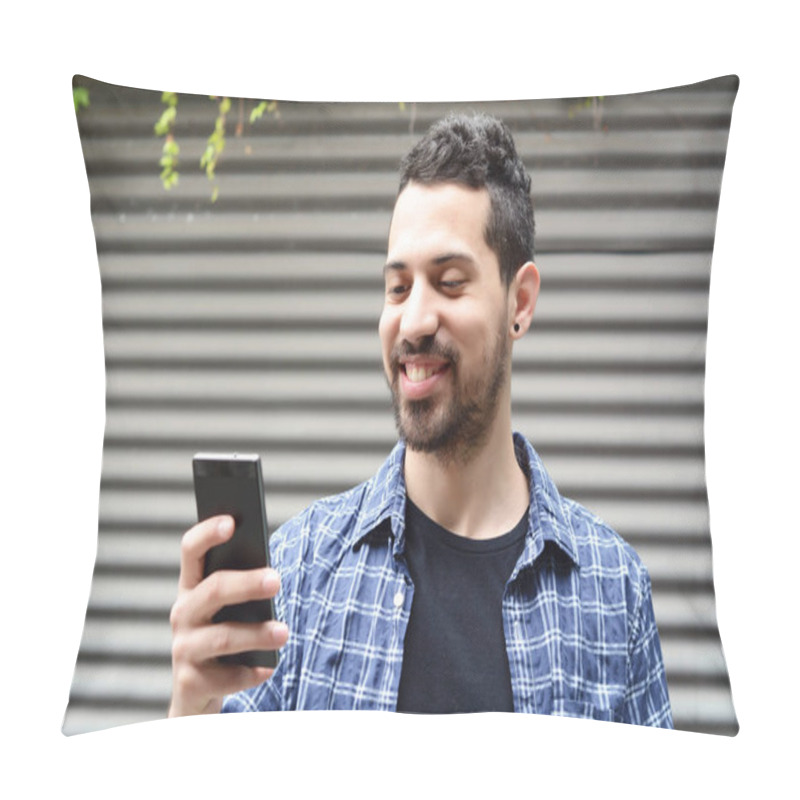 Personality  Young Man Using A Smartphone. Pillow Covers