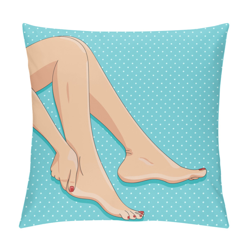 Personality  Vector Illustration Of Slender Female Legs, Sitting Barefoot, Side View, Playful Sexy Posture. Woman Hand Touching Ankle. Pillow Covers